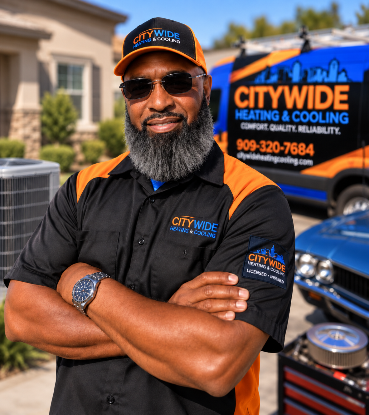 Rodney Koger, owner of CITYWIDE Heating & Cooling, in branded uniform beside a CITYWIDE service van and HVAC equipment